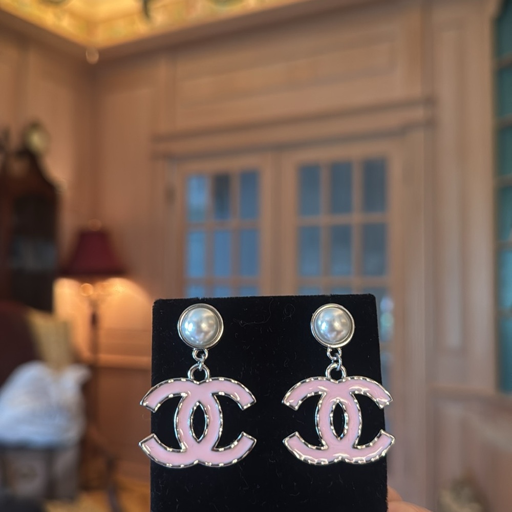 CHANEL Pink Enamel CC Drop Earrings with Pearl-Style Studs